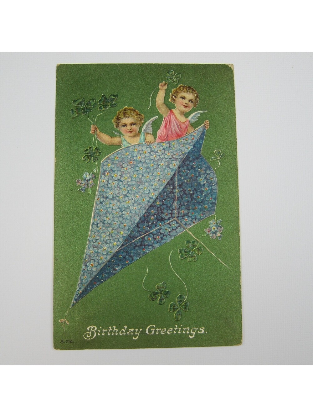 Postcard Birthday Greeting Antique 1913 Angels Green Clover Blue Flowers on Kite